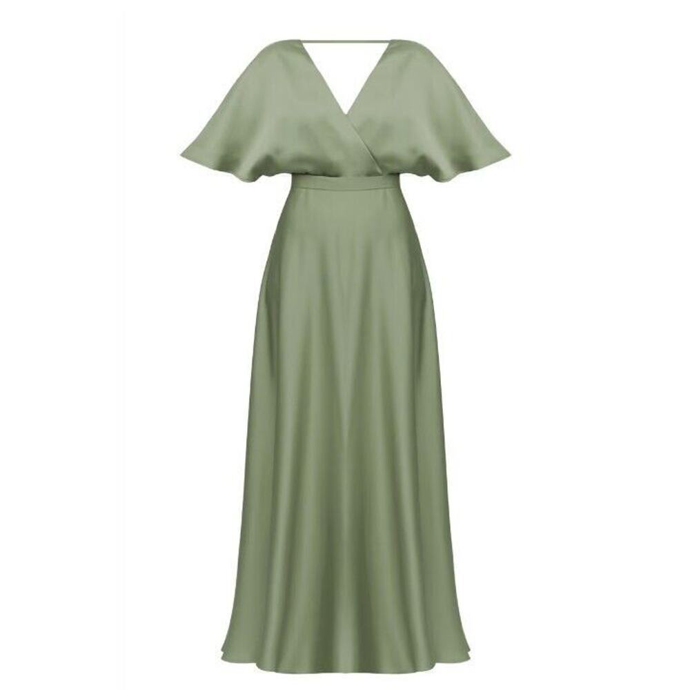 Undress Solene Sage Green Satin Maxi Dress Size L Nwt Formal Flutter Sleeve